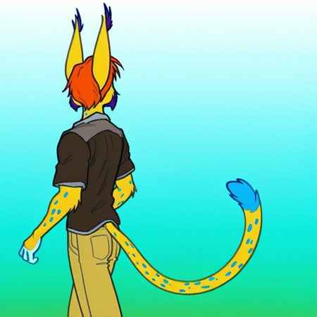 robert_frederick,1boy, solo, furry, reddish-orange fur, short spiky red hair, fox ears, cheetah, yellow fur, blue spots, tail,

