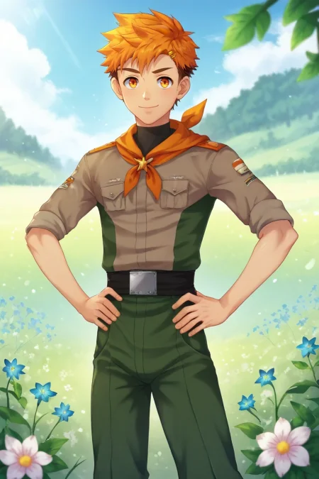 score_9, score_8_up, score_7_up, , rating_safe, , , , depth of field, 1boy, solo, male focus, <lora:hiro_akiba_pony:0.96>, hiro_akiba, orange hair, orange eyes, short hair, multicolored hair, brown hair, uniform, focused, flower field, flowers, day, hands on hips, seductive smile, ninja costume, <lora:sdxl_lightning_8step_lora:1>