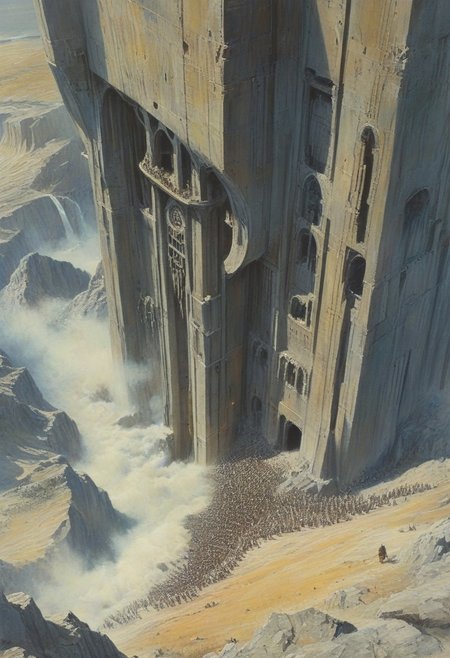 ((High angle From avove, camera from above, Bird's-eye view, aerial shot view)), professional concept-art painting, (famous artwork by alan lee, john howe, jim burns, john harris), Dune and LOTR collab, epic scifi/fantasy: 
"Watching through my scrying glass, 
as the legions of Sardaukar attack at dawn,
just like I had predicted, 
I relight my pipe,
flick the ash,
watch it tumble down until it vanishes into the sea spray several hundred meters below, 
the innumerable enemies indistinguishable at this height, as they rush up the inlet en masse, 
The words of power echo in my mind,
follow promontory's wake, 
become the vision of the fate, 
persevere in the darkest hour, 
do not let them through the gate,
for Minas Tirith must not fall!"