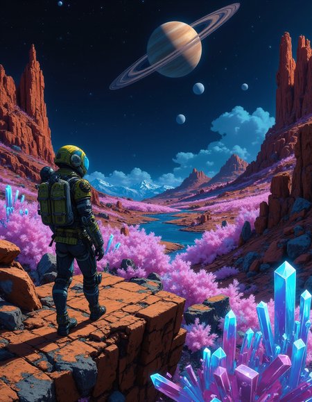 masterpiece, Mecha cybernetic electroshaman leaning on a space ship, overlooking a landscape filled with crystals, planet Saturn with rings in the sky, alien planet, neon shine, vibrant colors, highly detailed, cinematic composition, marbling of lansdscape  <lora:MJanime_Flux_LoRa:0.25> anime style <lora:NeonFantasyFLUX:0.5> ne0nfant4sy <lora:Flux1-impossible_geometry_V1.0:0.4> <lora:flux.1_lora_flyway_Epic-detail_v2:0.7>, style by Lawrence Alma-Tadema and William Bouguereau and Édouard Debat-Ponsan