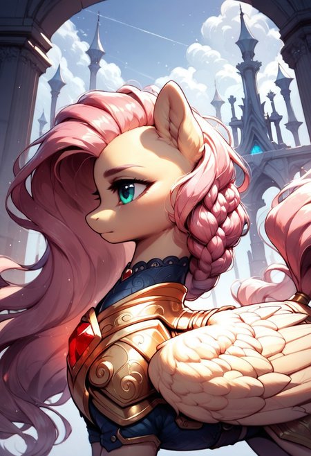 core_9, score_8_up, score_7_up, score_5_up, source_anime, (masterpiece, ultra-detailed, cinematic lighting), pony, Fluttershy, side profile, (dynamic pose), soft and feminine facial features, delicate and expressive amber eyes, long flowing pastel-pink hair braided elegantly, fluffy fur, (elegant wings), wearing intricate golden armor with glowing red gem centerpiece, warm light reflecting on the armor, dramatic and regal pose, gloomy cityscape in the background with tall gray buildings, foggy and mysterious atmosphere, muted and soft color palette.