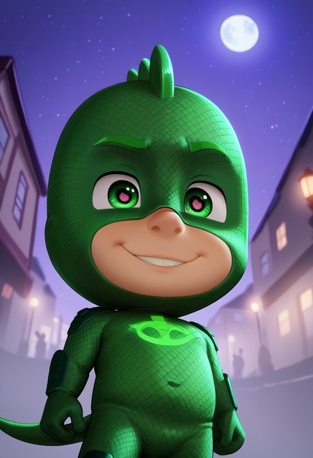 (score_9, score_8_up, score_7_up), highly detailed, cute boy, masterpiece, best quality, high quality, detailed, round face, round eyes, round pupils, shining eyes, petite, flat chested, aged down, cute, kawaii, short, 1boy, solo, Gekko Costume, Green Bodysuit, Green Eyes, Mask, Tail, at night, strong, full moon, dynamic pose,  side view, dutch angle, smug smile, narrowed eyes, low angle view, perfect detail, perfect eyes, perfect face, perfect mouth, night time, moonlighting, empty streets, outdoors, street, city background, textured costume, bold lines, volumetric lighting, moon in background, ((blurred detailed background)), natural lighting, (ray tracing, good shadows), young