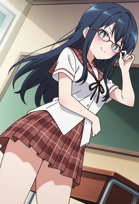 highres, best quality, masterpiece, classroom,
anime screencap,
1girl, solo, gochirep, dark blue hair, long hair, blue eyes, glasses, red eyewear,
school uniform, sailor collar, black ribbon, short sleeves, white shirt, plaid skirt, red skirt, brown skirt, thighs, untucked shirt,
looking at viewer, blush, smile,
adjusting eyewear, +_+, bright pupils, dutch angle, v-shaped eyebrows, 
<lora:_class_rep_gochiusa-elesico-ilxlB:1>