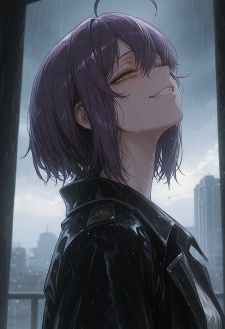 rain,outdoor,city,depth field,cloudy day,dark light,wet,wet hair,rain drop from face,tired face,evil smile,clentched teeth,expression less,looking stright,
portrait，detail background,1girl, Hiiragi Utena, Mahou Shoujo ni Akogarete,standing,purple hair, short hair, ahoge, yellow eyes,from side, head up，black coat ,white shirt,masterpiece, best quality, very aesthetic,volumetric lighting, ,ambient occlusion,4y4_Sh000b000n,dark_art_style