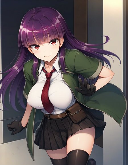 score_9,score_8_up,score_7_up,score_6_up BREAK official art,solo,outdoors,smile,(portrait:1.5),looking at viewer,facing viewer,Arino,long hair,purple hair,straight hair,sidelocks,blunt bangs,red eyes,school uniform,green jacket,blazer,open clothes,open jacket,red necktie,white shirt,collared shirt,dress shirt,large breasts,skindentation,short sleeves,black gloves,brown belt,belt pouch,miniskirt,black skirt,pleated skirt,plaid skirt,zettai ryouiki,black thighhighs,cross-laced footwear,black footwear,<lora:Arino(krk)-Pony:1.5>,<lora:Smooth Anime Style LoRA XL:0.8>,