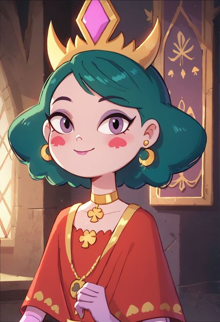 score_9, score_8_up, score_8, Eclipsa Butterfly, green hair, short hair, purple eyes, red spade blush stickers, golden moon earrings, necklace with golden clover, gold crown with pink jewelry, red dress with white bottom, yellow shrug, light purple gloves, 
upper body, closed mouth, in palace, vivid colors, looking at viewer, smile,