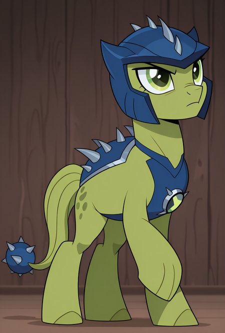 <lora:ulthum-09:1> ulthum, spikes, solo, no humans, green eyes, green skin,, , 1boy, , blue helmet   <lora:pony-il:1> mikus-style , pony, mlp, masterpiece, best quality, amazing quality, very aesthetic, absurdres, newest,