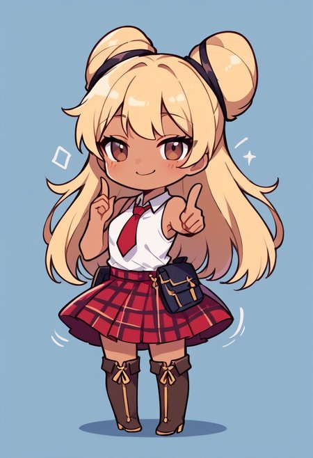 score_9, score_8_up, score_7_up, expressiveh, masterpiece, best quality, chibi, fca_style, girl standing, motion lines, 
1girl, tannned skin, tanned female, brown eyes, okyannp5x, dark skin, blonde hair, double bun, very long hair, sleeveless shirt, red tie, plaid skirt, thigh boots, , cleavage,  <lora:koi-dance-ponyxl-lora-nochekaiser:1>, koi dance, index finger raised, dancing, outstretched arm, pointing at viewer, pointing, pointing up, smile, happy, half closed eyes, smug,
Facing viewer, blue background with red accent, full body, cowboy shot,simple background, source_anime, cute, chibi, kawaii, 2d color, simple color, simple shading, flat color, chibi body, chibi art style:1.1, fca_style, super deformer,