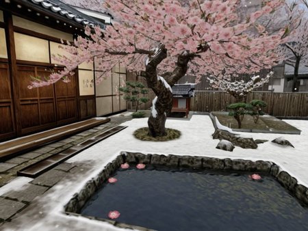 5henmuestyle, a japanese style home yard with a cherry blossom tree in winter, small pond, snow, house, steps  <lora:Shenmue:1>