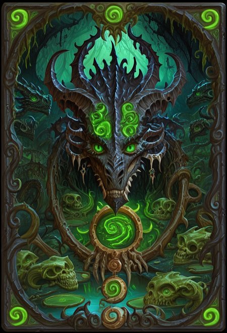 Card, Tarot, graphic border, Illustrative, Dark, angelic, porcelain, black dragon head, detailed, horns, animal skulls, dark background, green eyes, swamp,
score_9, score_8_up, score_7_up,