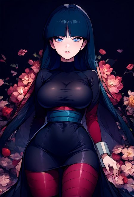 score_9, score_8_up, score_7_up, score_6_up, score_5_up, just describe what you want, tag1, tag2, source_cartoon, rating_suggestive, pokémon, (pokemonsabrina, black hair, long hair, bangs, blunt bangs, dark blue eyes, hime cut, sidelocks, 1girl, beautiful, big breasts, big butt, charming, elegant, female, graceful, (hands, five fingers), long legs, looking at you, perfect legs, sexy, solo, tall, thick thighs, voluptuous, wide hips), (zzLFashion, frilled dress, frills, bow, black dress, cleavage, pantyhose, striped thighhighs), (standing, posing), (floral background), Vivid, (zPDXL)