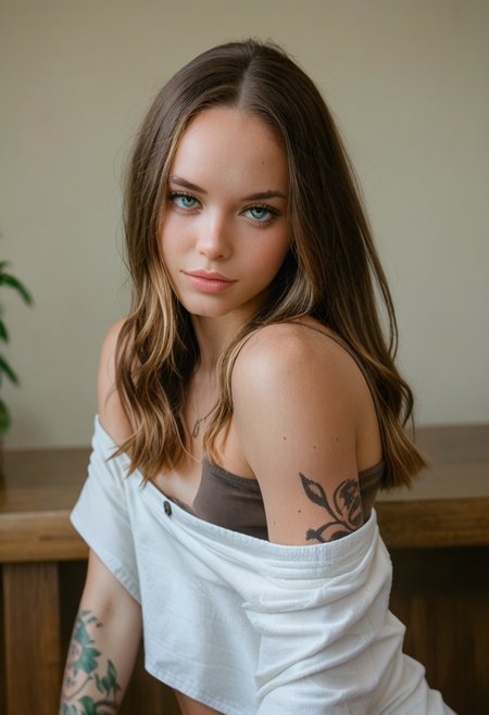 sarah, solo, 1girl, 27 years old, upper body, loose oversized crop top shirt, hanging off shoulder, small breasts, leaning forward, seductive, arm tattoo