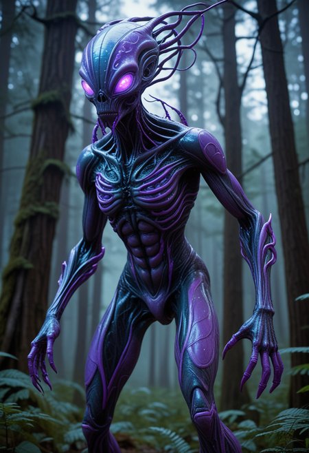 (medium full shot) of (futuristic alien) with holographic veined skin, tribal tattoos, bipedal body, flexible glowing antennae, multiple violet eyes, short stubby antennae, hovering limbs, tentacles, set in  a dense bioluminescent forest, featuring tall glowing trees, darting creatures, a lively atmosphere, at twilight, Masterpiece,best quality, photo, realistic, very aesthetic, detailed face,
