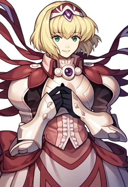 score_9, score_8_up, score_7_up, source_anime BREAK 1girl, solo, <lora:zs_FEEchoesPortraitsXL:1> echoesportraits, cowboy shot, solo, white background,<lora:xfalexia-pdxl-nvwls-v1-000005:1> fenAlexia, short hair, blonde hair, hair ornament, gauntlets, armored dress, red bow, black gloves,  smile