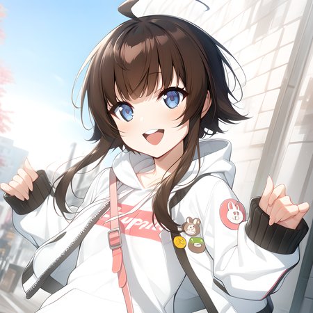 (masterpiece),(best quality),(ultra-detailed),(best illustration),(best shadow),(absurdres),(detailed background),(very aesthetic), yang harim, hood, solo, 1girl, hood down, blue eyes, ahoge, brown hair, white jacket, sleeves past wrists, jacket, white hoodie, long sleeves, upper teeth only, open mouth, white background, defaultoutfit, smile,  <lora:Yang_Harim:1>