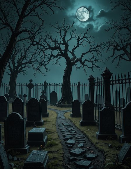 A dark and eerie cemetery shrouded in mist, with ancient, weathered tombstones covered in moss. The scene is dimly lit by a pale, ghostly moonlight filtering through twisted, leafless trees. Cracked stone pathways lead through the graveyard, partially hidden by overgrown grass and creeping ivy. A few old, gothic-style mausoleums stand in the background, their iron gates slightly ajar, adding to the mysterious and haunting atmosphere. Wisps of fog swirl around the gravestones, enhancing the eerie mood. The overall color palette consists of deep blues, grays, and muted greens, creating a cold and unsettling ambiance. The image is highly detailed and photorealistic, capturing the textures of the aged stone, the fogâs movement, and the ominous shadows stretching across the ground. 
<lora:SDXLFaeTastic2400:0.4> <lora:extremely_detailed:0.4> extremely detailed,<lora:33r13_c3m3t3ry-ill:1>,33r13 c3m3t3ry, Masterpiece,best quality,hi res,8k,hi res,8k,award winning,(sharp focus, intricate, highly detailed),