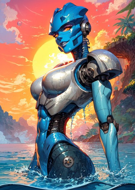 score_9, score_8_up, score_7_up,
gali, robot,  athletic girl, slight abs, silver armor, seductive smile, jewerly,
knva, halftone effect, 1girl, solo, tropical island background,magnificent background,rises from the water, 
soaked, wet,  head turn, side, water control,  telekinesis, water bubbles in the air, looking at viewer, water force, water energy consume, (flowing water),
sunset, two tone light,
<lora:Kenva:0.6>
<lora:Gali_Nuva:0.8>
<lora:cutesexyronutts_style_xl:0.5>
<lora:Fant5yP0ny:0.6>