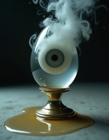 Close-up of a transparent glass egg on an Ionic pedestal, white smoke and an eye looking out from inside the egg, puddle of mercury on the ground, dark background, hard shadows, hyper-detailed, surrealist style