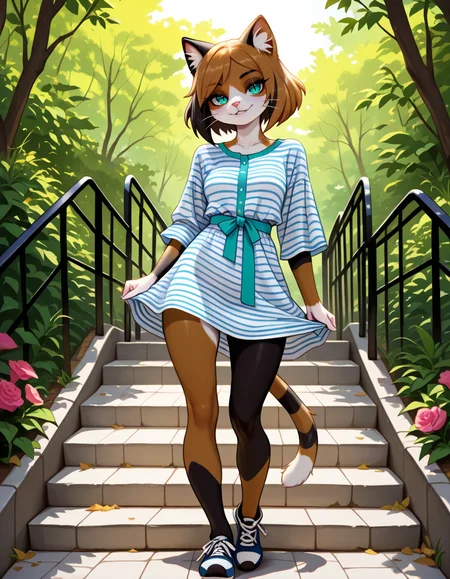 masterpiece, best quality, very aesthetic, absurdres,
outdoors, casual, 
full body, standing, posing, 
seductive smile, parted lips, long eyelashes,
 <lora:Kawa_v01_NAIXL:1>
K4w4,1girl,solo,furry,furry female,cat girl,short hair,multicolored hair,cat ears,aqua eyes,slit pupils,snout,animal nose,whiskers,body fur,two-tone fur,cat tail,striped tail,