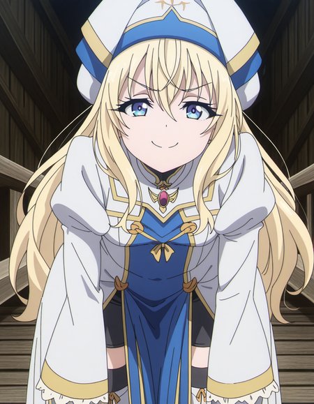 masterpiece, best quality, amazing quality,, <lora:priestess-s2-illustriousxl-lora-nochekaiser:1>, priestess, blonde hair, blue eyes, long hair, hair between eyes, mature female, small breasts, anime screencap, boots, dress, frilled sleeves, frills, hat, white headwear, pelvic curtain, high heels, robe, thigh boots, thighhighs, white thighhighs, long sleeves, puffy sleeves,, bent over, smug,, wooden bridge, planks, rustic, crossing, narrow, cowboy shot, solo, looking at viewer