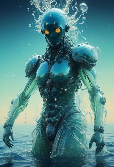 baroque, alien performing stealthy acrobatic move, glistening silk, 3d animated movie still, mysterous villain, vaporous swirls, Blue Sky backdrop, Smiling, artialien Made of bold perfect lines, Grignani, Long Hair Made of lines, water Striped, bold lines, Crystal Blue translucent water, wired-cyborg, mechanical parts, wires, cables, cyberpunk,  artalien with a half robot face, Closeup, cinematic composition, atmospheric haze, very detailed, waterworld, creating a hyperpunk scene with desaturated dark watery translucent deep dark-Blue and water details, colorful (polaroid:0.7) with vibrant colors, (vacations, high resolution:1.3), (small, selective focus, european film:1.2), (sexual advance:1.1), closeup