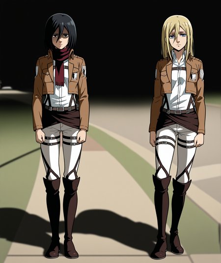 highres, hi res, best quality, masterpiece, 2d, intricate details, 4k, anime coloring, uncensored, shaded, shadow, countershading,
2girls, eyelashes, nose, blonde hair, blue eyes, hair between eyes, long hair, christa renz, shingeki no kyojin, 
2girls, eyelashes, nose, black eyes, black hair, short hair, scarf, red scarf, mikasa ackerman,
paradis military uniform,
standing, full body, outdoors, why dis ninja look so mad \(meme\), sisters, shaded face,
depth of field, black background, <lora:Madness_ILXL:1>,