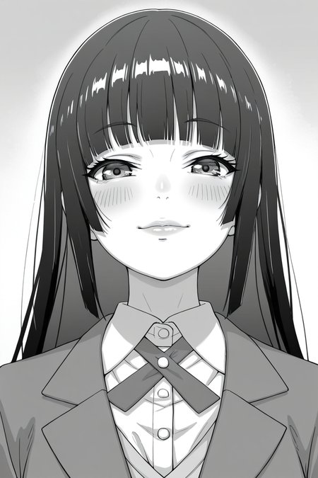 masterpiece, best quality, amazing quality,
 <lora:Kuensan_IL:1> kuensan, 1girl, monochrome, greyscale, school uniform, solo, long hair, bangs, looking at viewer, smile, shirt, hime cut, jacket, blazer, blush, collared shirt, lips, blunt bangs, portrait