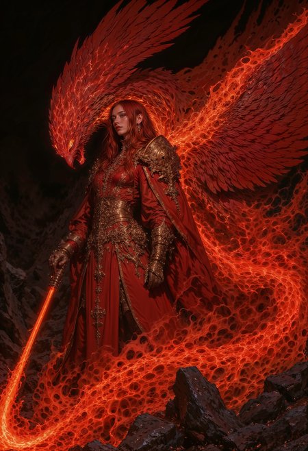 dark fantasy illustration, high detail fantasy anime, Clad in robes of flickering flame and adorned with golden runes, the Emberheart Sorceress is a walking inferno of power and passion. Her fiery red hair crackles like a living blaze, and her molten gold eyes burn with the intensity of an eternal fire. At her side soars a magnificent phoenix, its feathers ablaze with hues of crimson, orange, and gold. With each beat of its wings, embers rain down, igniting the air with sparks of magic. Together, they embody rebirth and destruction, their presence heralding either salvation or ruin, depending on the hearts of those who stand before them.
 <lora:flux.1_lora_flyway_Epic-detail_v2:0.85> <lora:FluxMythAn1meL1nes:0.8> <lora:MoriiMee_Gothic_Niji_Style__FLUX_LoRA_Test_2:0.65>