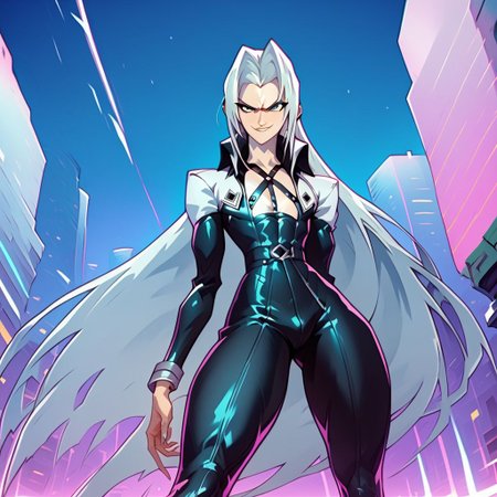 score_9, score_8_up, score_7_up, retrowave, vaporwave, Lofi, detailed closeup action shot, from below, exaggerated perspective emphasizing action, Sephiroth leaping through the air swinging very long sword, long billowing black leather overcoat, one black angel wing, smug expression, dynamic pose, in an industrial city at night, dim street lighting, solo, beautiful, androgynous, flat chest, leather straps, broad shouldered, high contrast, industrial cityscape background, Netflix, Studio Trigger, ff7