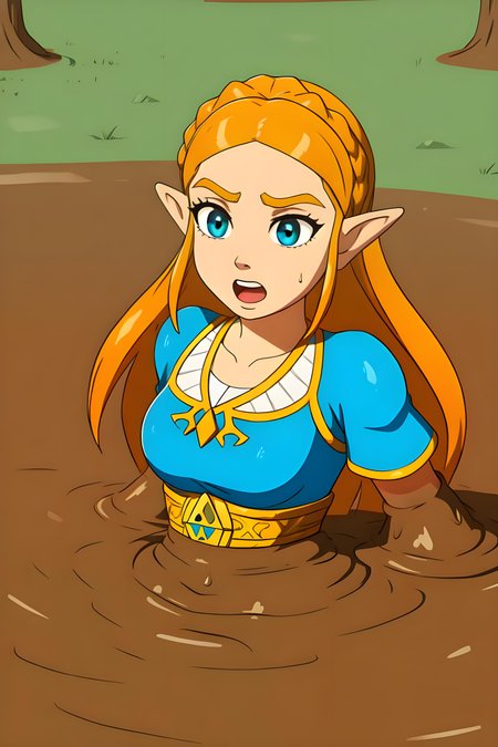 1girl, zelda\(princess\), partially submerged, sinking, mud, scared, screaming, mud slime 