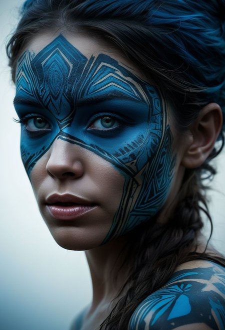 mysterious silhouette of a tribal woman, jungle, (blue warpaint over eyes only), goddess, alluring, by Minjae Lee, Carne Griffiths, Emily Kell, Steve McCurry, Geoffroy Thoorens, Aaron Horkey, Jordan Grimmer, Greg Rutkowski, amazing depth, double exposure, surreal, geometric patterns, intricately detailed, bokeh,  perfect balanced, deep fine borders, artistic photorealism , smooth,  great masterwork by head of prompt engineering   <lora:add-detail-xl:2>  <lora:Double_Exposure:0.5>