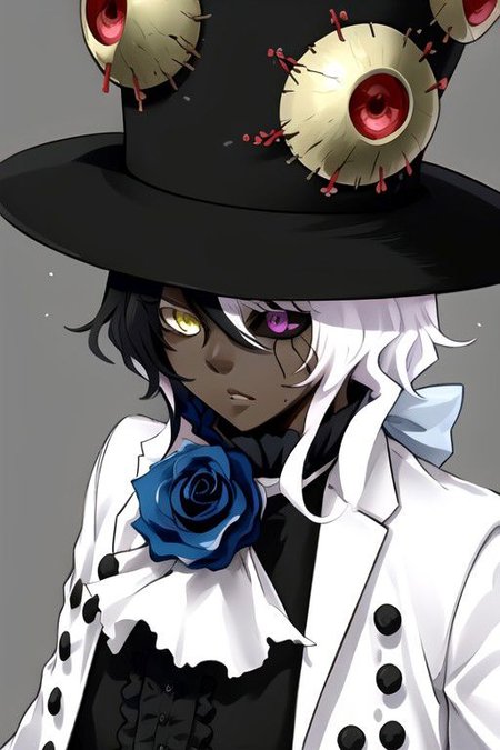 shiromi, hat, dark skin, yellow eyes, heterochromia, white hair, flower, long hair, blue flower, multicolored hair, black hair, top hat, blue rose, rose, 1boy, black headwear, dark-skinned male, formal, purple eyes, black sclera, cracked face, colored sclera
