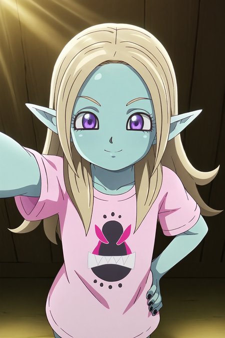 anime screencap, masterpiece, best quality, amazing quality, very aesthetic, absurdres, newest, (scenery, volumetric lighting), dappled sunlight, light particles, light rays,
panzy, official style, anime screencap, hair down, 1girl, solo, blonde hair, long hair, blue skin, colored skin, purple eyes, pointy ears, smile, t-shirt, pink shirt, print shirt, logo print, collarbone, hand on hip, outstretched arm, selfie, from above, black nails, looking at viewer, blurred background, closed mouth, upper body, indoors, eyeliner, flat chest, short sleeves
<lora:Panzy_IL:0.8>