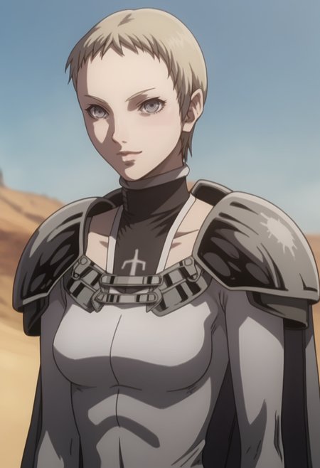 score_9, score_8_up, score_7_up, source_anime, BREAK , white background,1girl, solo,  <lora:DX888Deneve:1> deneve, bodysuit, pixie cut, pauldrons, cape, light smile,
