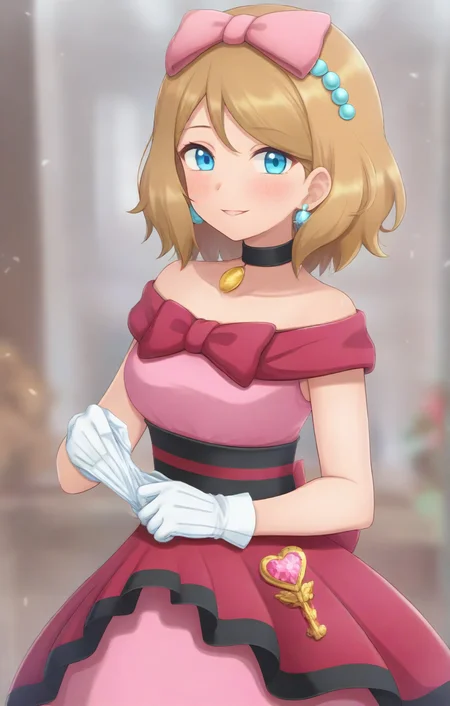 [[[hinosaki]]], 1girl, solo, cowboy shot, upper body, contserena, [[serena_\(pokemon\)]], blue eyes, light brown hair, medium hair, pink dress, red skirt, sleeveless, bare shoulders, collarbone, black choker, earrings, hair bow, pink bow, red bow, white gloves, black pantyhose, remglove, removing glove, masterpiece, best quality, amazing quality, very aesthetic, high resolution, ultra-detailed, absurdres, newest