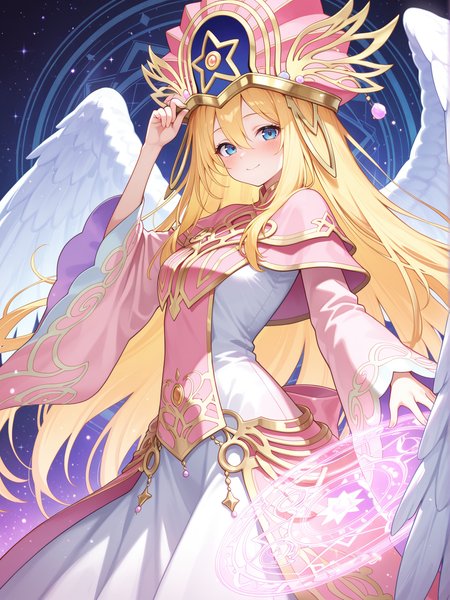 elemental grace doriado,official alternate costume,doriado,1girl,solo,very long hair,hand up,looking at viewer,blush,smile,closed mouth,pink wizard hat,pink rope,from side,magic circle,magic,adjusting headwear,blush,angel wings,
masterpiece,best quality,amazing quality,very aesthetic,absurdres,newest,<lora:Doriado 4 in 1 illusXL v1.1:0.7>,