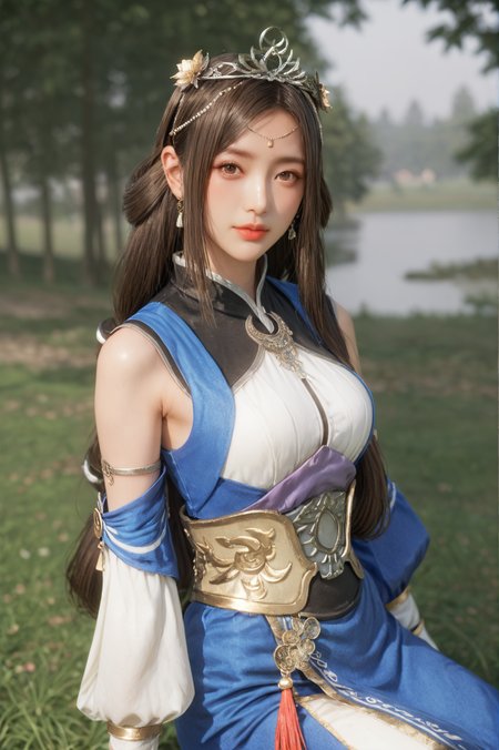 score_9, score_8_up, score_7_up, 1girl, solo, looking at viewer, half body shot, Kneeling and pretending to propose with an oversized ring, <lora:Cai_Wenji_Dynasty_Warriors:0.8> long hair, brown hair, brown eyes, jewelry, hair ornament, tiara, dress, detached sleeves, pantyhose, outdoors, blurry, depth of field