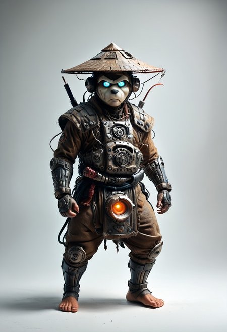 masterpiece, best quality, newest,
 eyecatching composition, dynamic pose, dynamic angles, detailed background of bamboo forest, Asian conical hat, strawhat, conical hat,
A Shadow faster than the light
Like cosmic fire his presence is
Shining in the night
Born from high technology
Too fast for human eyes to see
A soldier made of cyber steel
Create to kill the enemy
By neutreon power he is ready to strike
Can you feel the fire
See the anger in his burning eyes
He's the Super Sonic Samurai
By jetpack power he's ready to fly
He's the Super Sonic Samurai
Laser Katana high up to the sky
For the Super! Sonic Samurai!
barefoot plantigrade furry male, panda bear, chubby