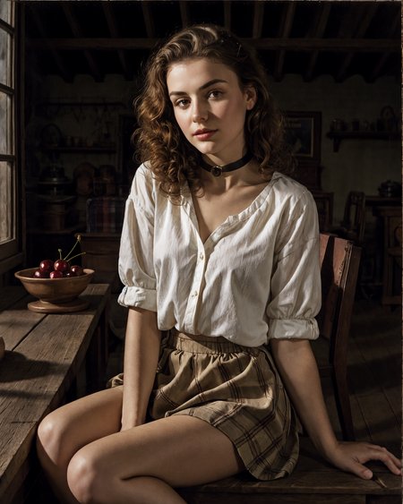 Johmeer, frush, a young 21yo Slovak Slovakia woman in
Nostalgic Craftsman bungalows with exposed rafters and front gables., (elegant pose, sitting with legs crossed, sophisticated composure:1.1)
masterwork, best quality, soft shadow
(chestnut  hair color in a big curls  style:1.2),
choker ,
(iris vintage miniskirt showcasing a charming cherry print :1.1)
(SkinHairDetail:0.5) 
<lora:LowRA:.3>
<lora:more_details:0.5>
<lora:Johannes Vermeer style:.6>
<lora:pearlfrush:.7>