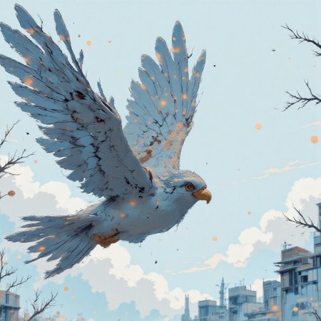 An aerial view from the sky, capturing a majestic bird in flight, its head and upper body in close-up, wings spread wide against a backdrop of infinite white. The bird’s feathers glisten with subtle, intricate textures—its plumage a mix of soft gray, white, and hints of deep brown, blending seamlessly with the snow-covered landscape below. Its sharp, piercing eyes are fixed on the horizon, conveying a sense of purpose and power.
Below, the earth stretches endlessly, a pristine expanse of snow glowing softly under diffused light. The landscape is blanketed in white, with faint details emerging: the dark lines of frozen rivers winding like veins, the jagged peaks of distant mountains breaking through the snow, and the faint outlines of barren trees standing as quiet sentinels. Shadows are soft and pale, adding depth without disrupting the purity of the scene.
The perspective emphasizes the bird’s movement, its body slightly tilted as it glides effortlessly through the cold, silent air. Behind it, the horizon fades into a misty white, blurring the boundary between sky and earth, creating a sense of endless space and serene isolation. The composition captures a moment of graceful solitude, the bird a living contrast to the vast, frozen stillness below.