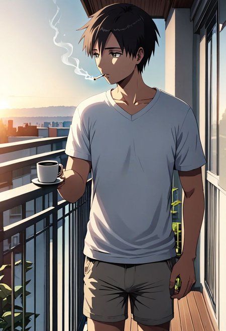 high resolution, solo, best quality, 1Boy, Takaki Toono, Brownish Hair, Brown Eyes, home balcony, morning, cigarette, coffee, t-shirt, shorts, looking away, OverallDetail