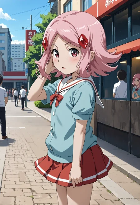 <lora:Hyper-SDXL-8steps-lora:1> <lora:Fixhands_anime_bdsqlsz_V1:1> zPDXL2, score_9, score_8_up, score_7_up, source_anime, intricate details, perfect anatomy BREAK
outdoors, city, tokyo, japan, audience, crowd, standing, cowboy shot, wind, hair flowing in the wind, from side, looking at viewer, hand in own hair, Confused, Wide-open eyes, a slightly furrowed brow, and a slightly open mouth., 1girl, solo, solo focus, 
<lora:PAD-uzuki_sakura_XL(pony)v10:1> PAD-sakura, pink hair, medium hair, red eyes, hair ornament, PAD-sakura outfit, aqua dress, sailor collar, red skirt, black socks, white shoes,