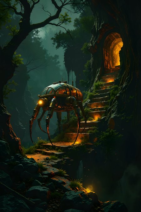 A towering, spider-like vehicle moves delicately along a narrow road that spirals around the trunk of an impossibly large, glowing tree. Each of the vehicleâs eight legs is a mechanical marvel, covered in shimmering, copper plates and tipped with claws that grip the bark with precision. The body of the vehicle is a domed cabin made of glass and gold, filled with intricate gears and softly glowing machinery. The treeâs trunk is covered in luminescent moss that bathes the entire scene in a soft, green light, while glowing sap drips slowly from its ancient bark. The road is narrow and treacherous, twisting and turning as it ascends toward the canopy high above, where massive leaves glow like stained glass against the dim, starry sky. The driver, a figure with elongated limbs and a face obscured by a mask of polished wood, moves levers and wheels inside the cabin, guiding the vehicle with careful precision. High above, bioluminescent birds circle, their calls echoing softly through the vast expanse of the tree. The spider-vehicle moves slowly but steadily, its glowing legs leaving faint scorch marks on the bark as it climbs. , detailed background  Fantastic lighting. Detailed shadows.intricate details, vivid colors, hyper-detailed, ultra-sharp, High resolution, high detail. Highly detailed. , <lora:Luminous_Shadowscape-000016:0.4><lora:black_fantasy_1.0:0.4><lora:Glitchcore_Flux:0.4><lora:- Flux1 - vanta_black_V2.0:0.4>