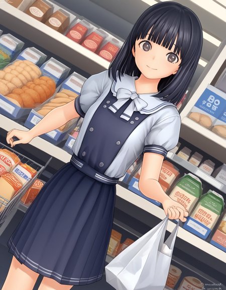 score_9, score_8_up, score_7_up, source_anime, <lora:rinze-himenogi-ingame-ponyxl-lora-nochekaiser:1>, rinze himenogi, bangs, black hair, blunt bangs, black eyes, 3d, skirt, dress, school uniform, short sleeves, puffy sleeves, black dress,, grocery store, cashier, shopping bag, scanning items, small talk, everyday routine, , looking at viewer, smile, solo,, dutch angle,