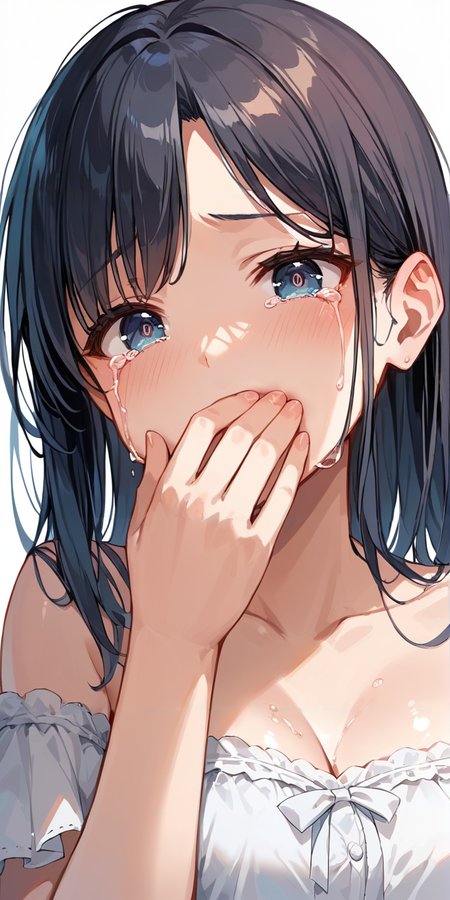 score_9, score_8_up, score_7_up,source_anime, high res image,masterpiece,best quality,break,
girl,cute face,clear skin,shiny hair,ultra detailed eyes,simple background, 
 <lora:hand over own mouth_pony_V1.0:0.7> hand over own mouth, covering own mouth <lora:tears_pony_V1.0:0.8> tears,crying