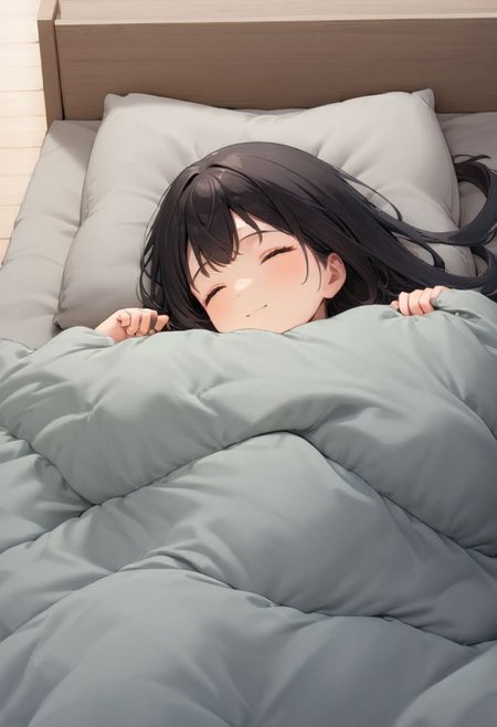 1girl, black hair, long hair, happy, light smile, 
futon, pillow, closed eyes, bed, sleeping, lying, under covers, blanket, 
masterpiece, best quality, ultra-detailed, illustration,
<lora:kakebuton_SDXL_V1:0.8>