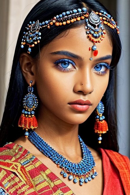 close-up photographic portrait of woman with strikingly vibrant blue-silver eyes. Soft shoulders showing. The face should, intricate, tribal-inspired art, patterns, reminiscent of beadwork and ceremonial embellishments, scheme, rich reds, oranges, blues --ar 2:3
