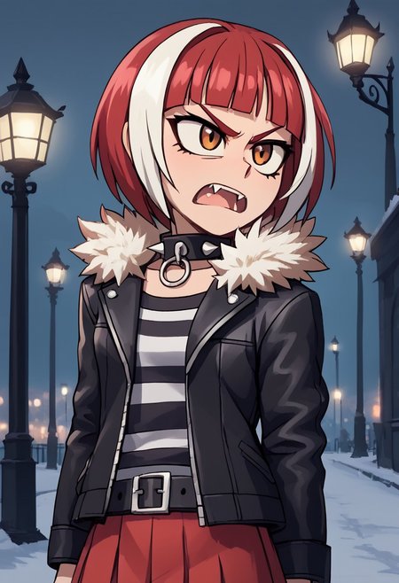 score_4,score_5,score_6,score_7_up,score_8_up,score_9
((masterpiece,best quality,ultra detailed,highres,HD,4k:1.2)),
Gibril(normal), 1 girl, solo, striped white hair, short hair, bob cut, bangs, multi-colored hair, red hair, fangs, teeth, brown eyes,
jacket, spikes, collar, fur trim, spiked collar, striped shirt, black jacket, shirt, studded collar, red skirt, short skirt,
Moonlight, moonlight, ight, street light
frown,open mouth,