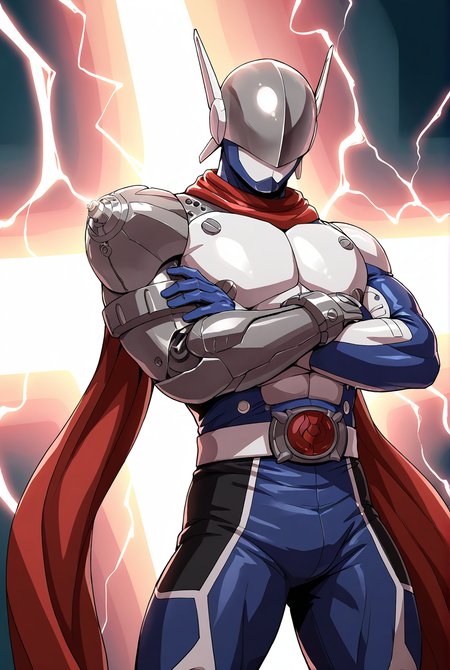very awe,aesthetically pleasing,masterpiece,best quality,amazing quality,very aesthetic,ultra-detailed,high resolution,8k,1boy,solo,cowboy shot,bara,male focus,detailed face,tokusatsu,helmet,red scarf,armor,belt,gloves,bodysuit,standing,crossed arms,looking at viewer,mechanical parts,electricity background,<lora:add-detail-xl:1>,<lora:Justimon:0.8>,justim0n,