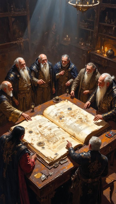 A dimly lit room filled with tension, where a group of elderly wizards, each uniquely distinct in appearance, gathers around a massive, ancient spellbook. Some have long white beards, others are bald, and one wizard sports a thick black beard. Among them is a rotund wizard with a round belly, while another stands tall and thin, his dark skin contrasting with his ornate robes. Their luxurious garments shimmer faintly, with each wizard showcasing a different style of magical attireâsome wearing elaborate robes with embroidered runes, others donning capes with intricate symbols. Their fingers point and gestures argue over the complex diagrams, mystical symbols, and detailed text visible on the open pages of the giant tome, which is filled with bookmarks. The room is cluttered with artifactsâcrystal balls, flickering candles, and magical relics casting faint glowsâcreating an atmosphere of arcane mystery, animeniji<lora:artisketchyfs-v02:0.7> <lora:FLUX-daubrez-DB4RZ-v2:0.7> <lora:Hand v2:1>